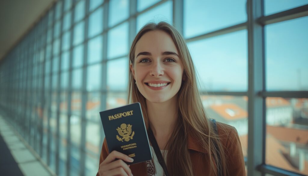 Viajante sorridente segurando o passaporte e o celular no Aeroporto de Lisboa, com o icônico cenário da cidade ao fundo através do vidro.