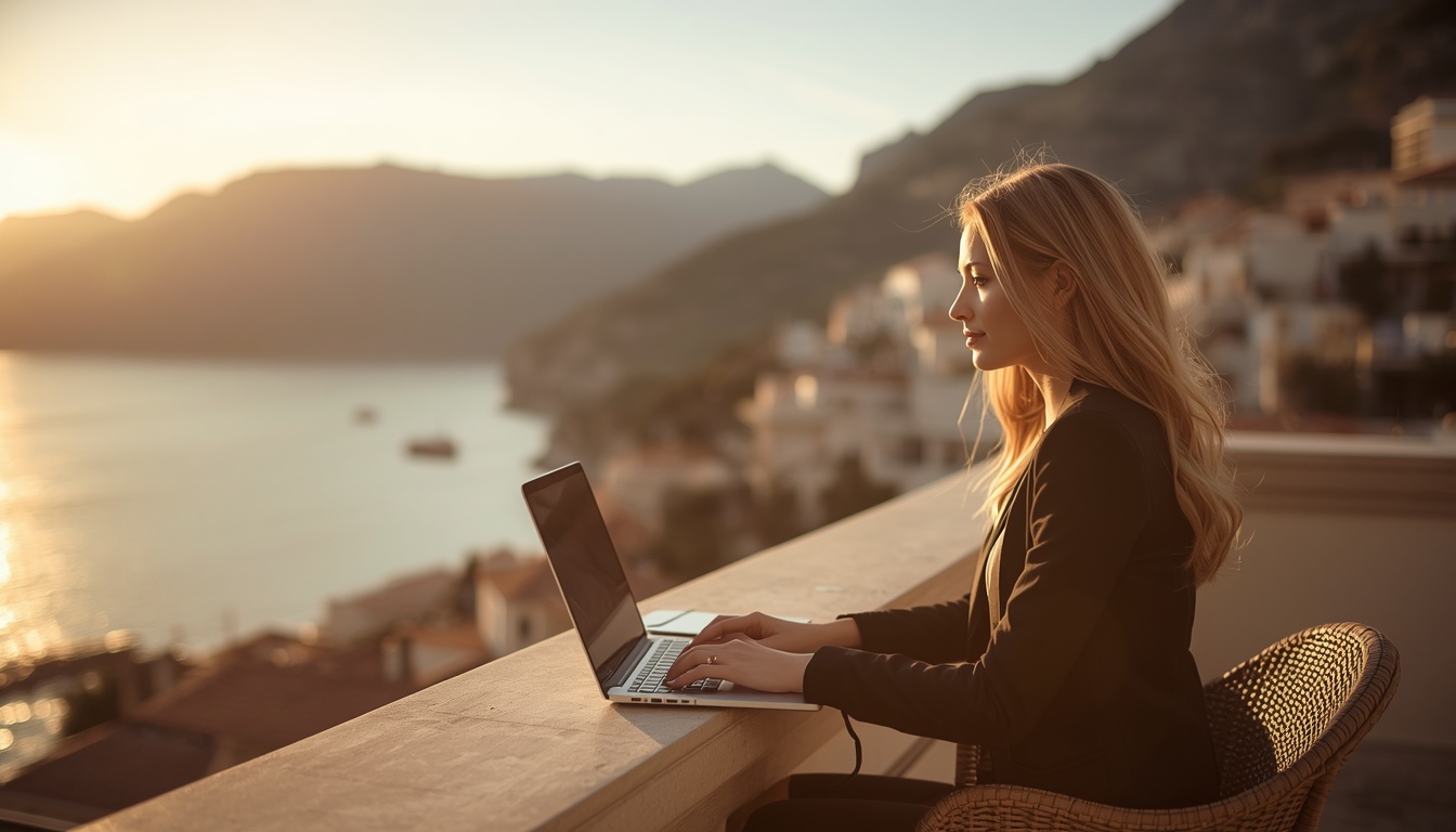 Trabalhar em Montenegro em 2026: Guia Completo para Brasileiros Brasileira trabalhando em Montenegro com vista para o Mar Adriático e a cidade de Kotor ao fundo