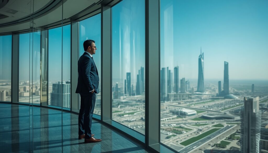 Como Trabalhar na Arábia Saudita em 2026: Vagas, Visto e Salários Executivo em um escritório de alto padrão com vista para o skyline moderno de Riade, simbolizando o crescimento econômico e oportunidades profissionais na Arábia Saudita.