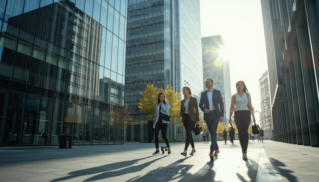 Como Trabalhar na Macedônia do Norte em 2026? Visto e Vagas Profissionais de terno caminhando e conversando em frente a modernos edifícios comerciais de vidro no centro financeiro de Escópia.