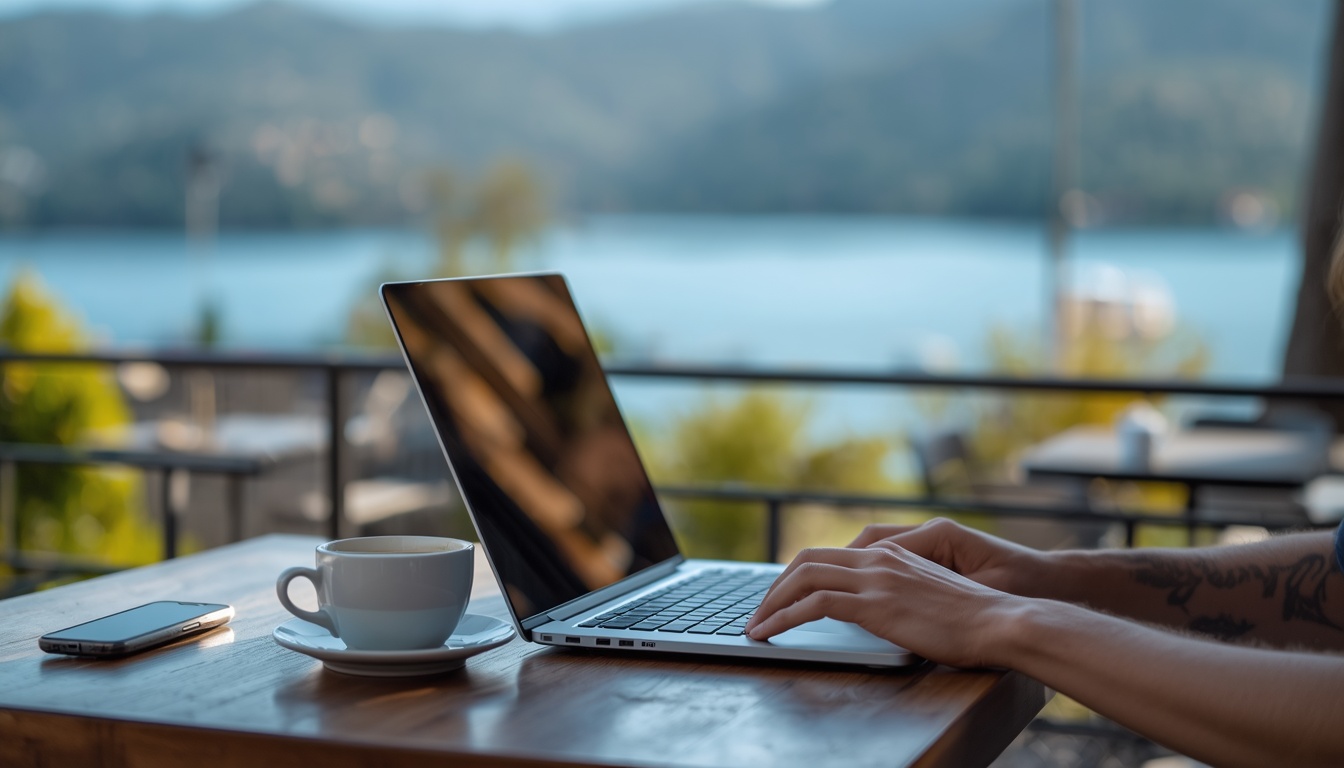 Nômade digital trabalhando em café de Skopje, Macedônia do Norte, com notebook aberto em 2026
