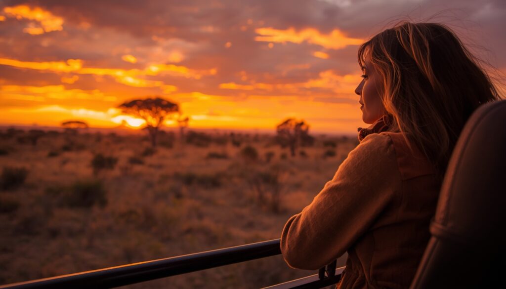 Viajar para a África do Sul em 2026: Guia Completo e Roteiro Jovem viajante observando um pôr do sol espetacular em um safari na reserva privada de Sabi Sands, África do Sul.