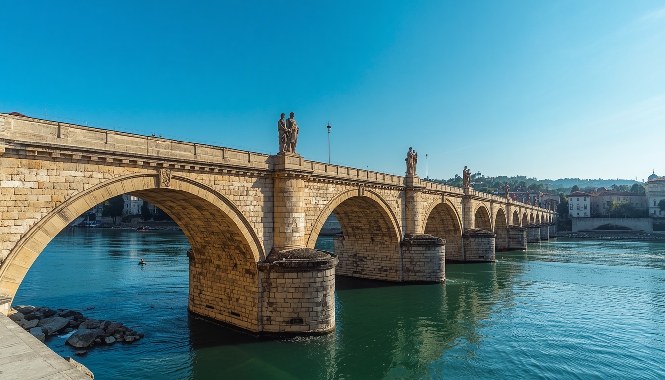 Ponte de Pedra de Skopje com estátuas e o Rio Vardar ao fundo, Macedônia do Norte 2026