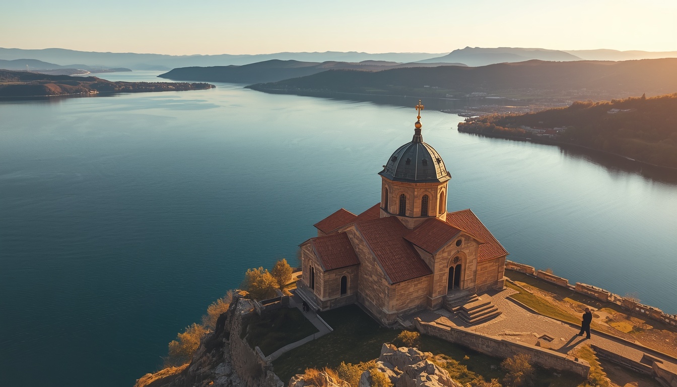 Lago Ohrid com igrejas medievais na margem e montanhas ao fundo, Macedônia do Norte 2026