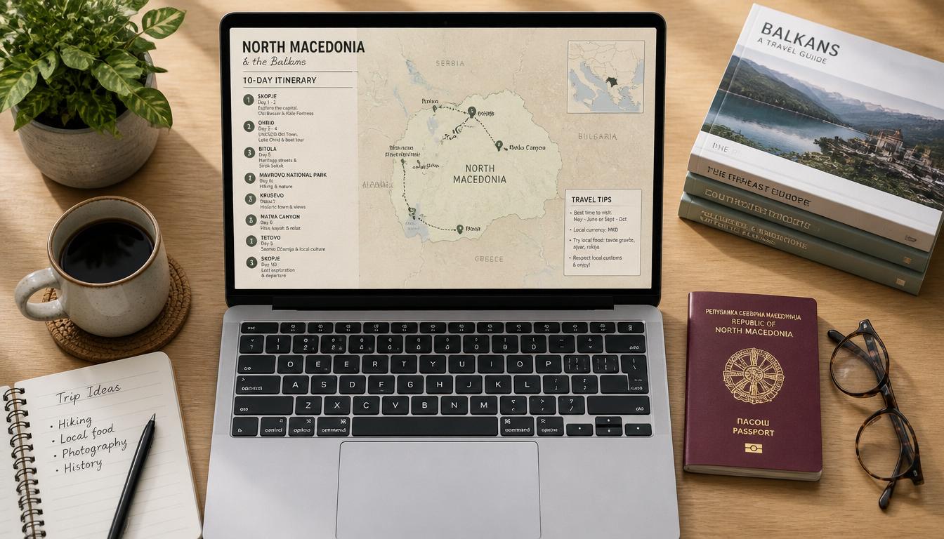 Passaporte brasileiro aberto com roteiro de viagem para a Macedônia do Norte 2026
