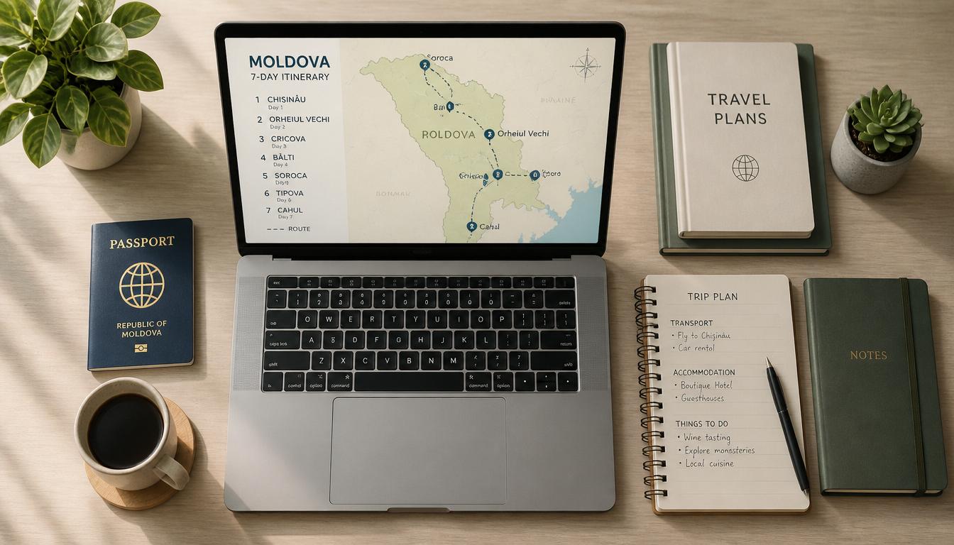 Planejar a viagem para a Moldávia com antecedência garante uma experiência muito mais rica e sem imprevistos Mapa e caderno de planejamento de viagem para a Moldávia com roteiro de dias e pontos turísticos marcados