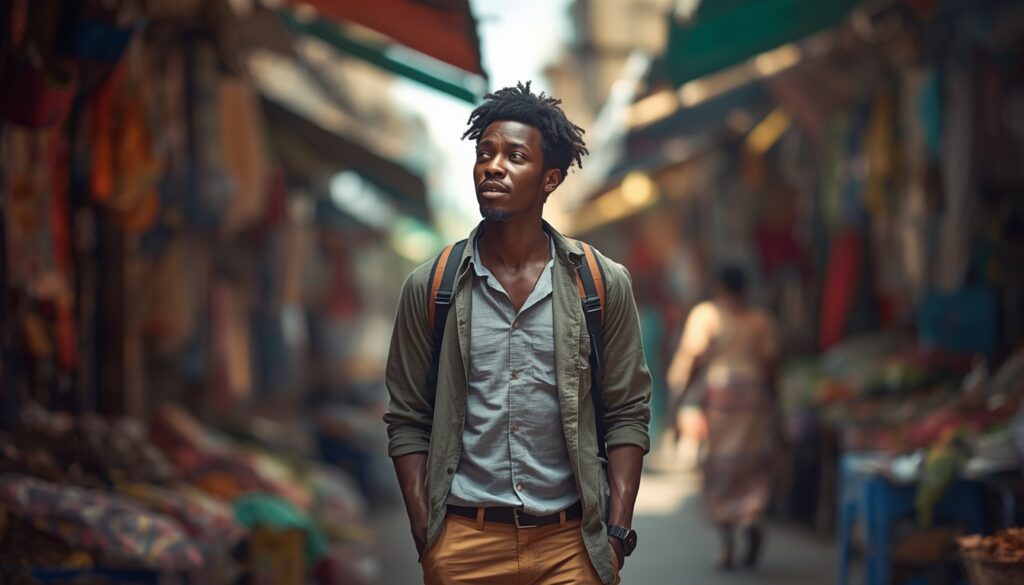 Viajar para a Nigéria em 2026: Guia Completo de Turismo Fotografia vibrante de um viajante explorando a cultura local em Lagos, Nigéria, transmitindo a energia única do país.