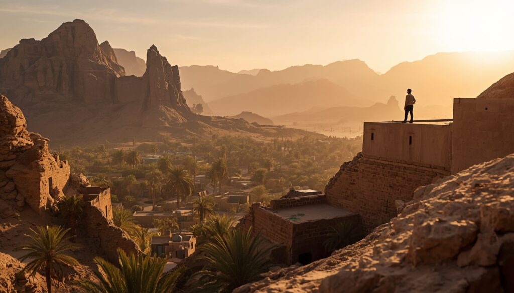 Viajar para a Arábia Saudita em 2026: Guia Completo e Visto Vista panorâmica da cidade de AlUla, Arábia Saudita, mostrando as impressionantes formações rochosas e arquitetura tradicional sob o sol dourado, convidando a uma experiência de viagem autêntica.