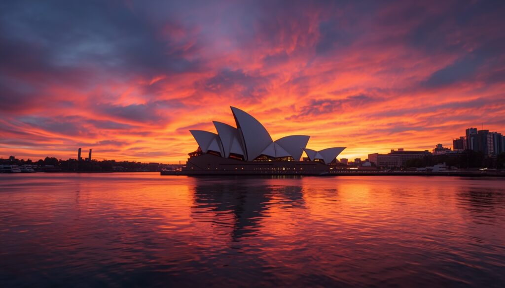 Viajar para a Austrália: Guia Completo, Visto, Custos e Roteiro Vista deslumbrante da Ópera de Sydney e da baía ao pôr do sol, símbolo da viagem para a Austrália.