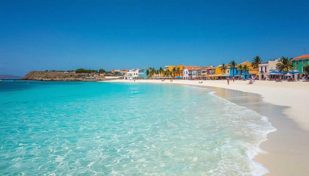 Viajar para Cabo Verde em 2026: Guia Completo de Turismo Vista panorâmica de uma praia paradisíaca em Cabo Verde com águas cristalinas e arquitetura local colorida ao fundo.