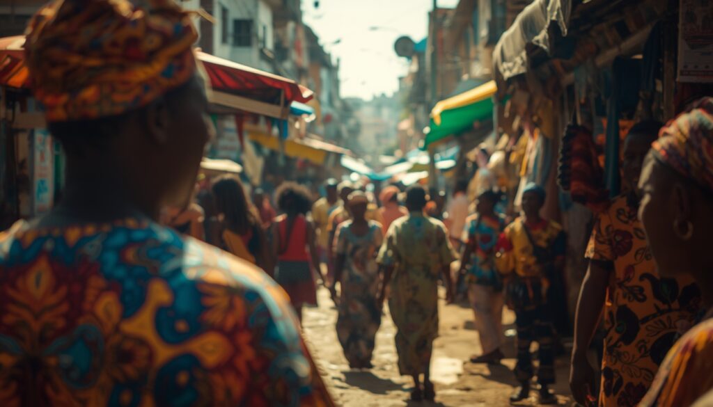 Viajar para Gana em 2026: Guia Completo de Turismo Vista vibrante de uma rua em Acra, Gana, com cores vivas e elementos da cultura local, simbolizando uma experiência de viagem autêntica.