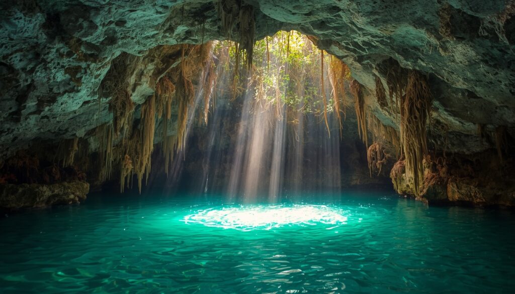 Viajar para o México em 2026: Visto, Dicas, Roteiros e Custos Turista observando as águas cristalinas de um cenote natural cercado por raízes e vegetação tropical no México.