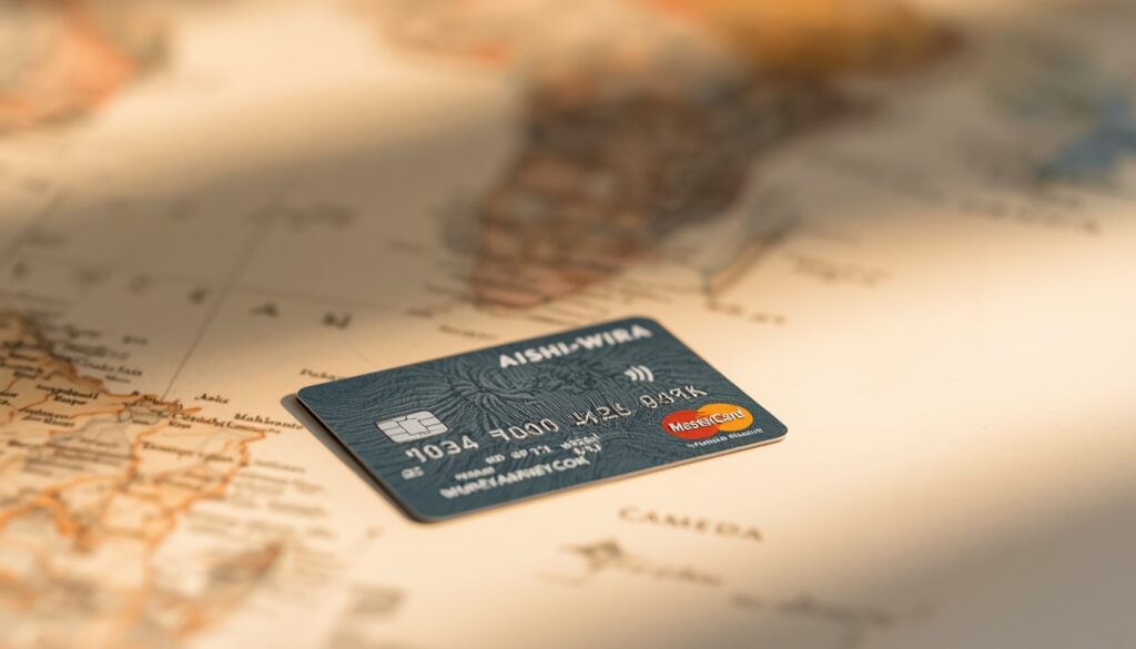 Cartão Wise Funciona em Camarões? Como Levar Dinheiro Cartão multimoeda posicionado sobre uma mesa com um mapa de viagem de Camarões ao fundo, simbolizando gestão financeira internacional.