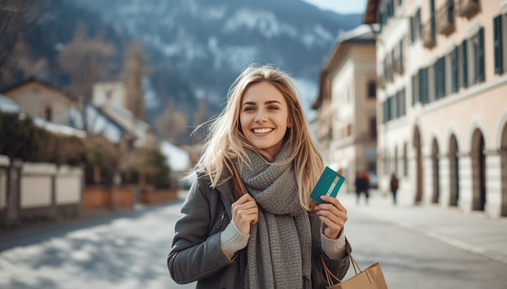 Cartão Wise é Aceito em Liechtenstein? Saiba Como Usar em 2026 Turista segurando uma sacola com chocolates artesanais e o cartão Wise em uma rua charmosa cercada por montanhas em Liechtenstein.