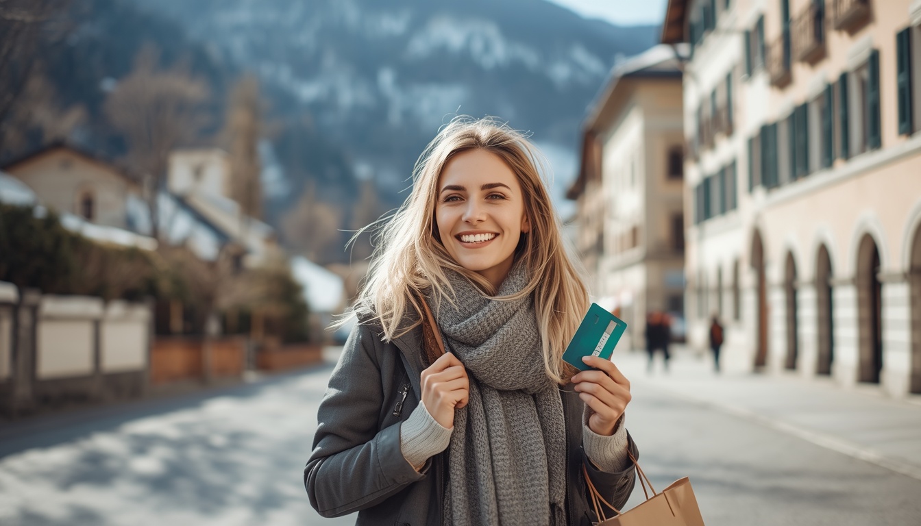 Turista fazendo compras em Liechtenstein com conta Wise — economia em franco suíço no turismo 2026