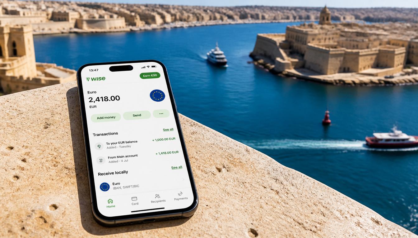 Aplicativo Wise no celular em Malta — controle de gastos em euro em tempo real