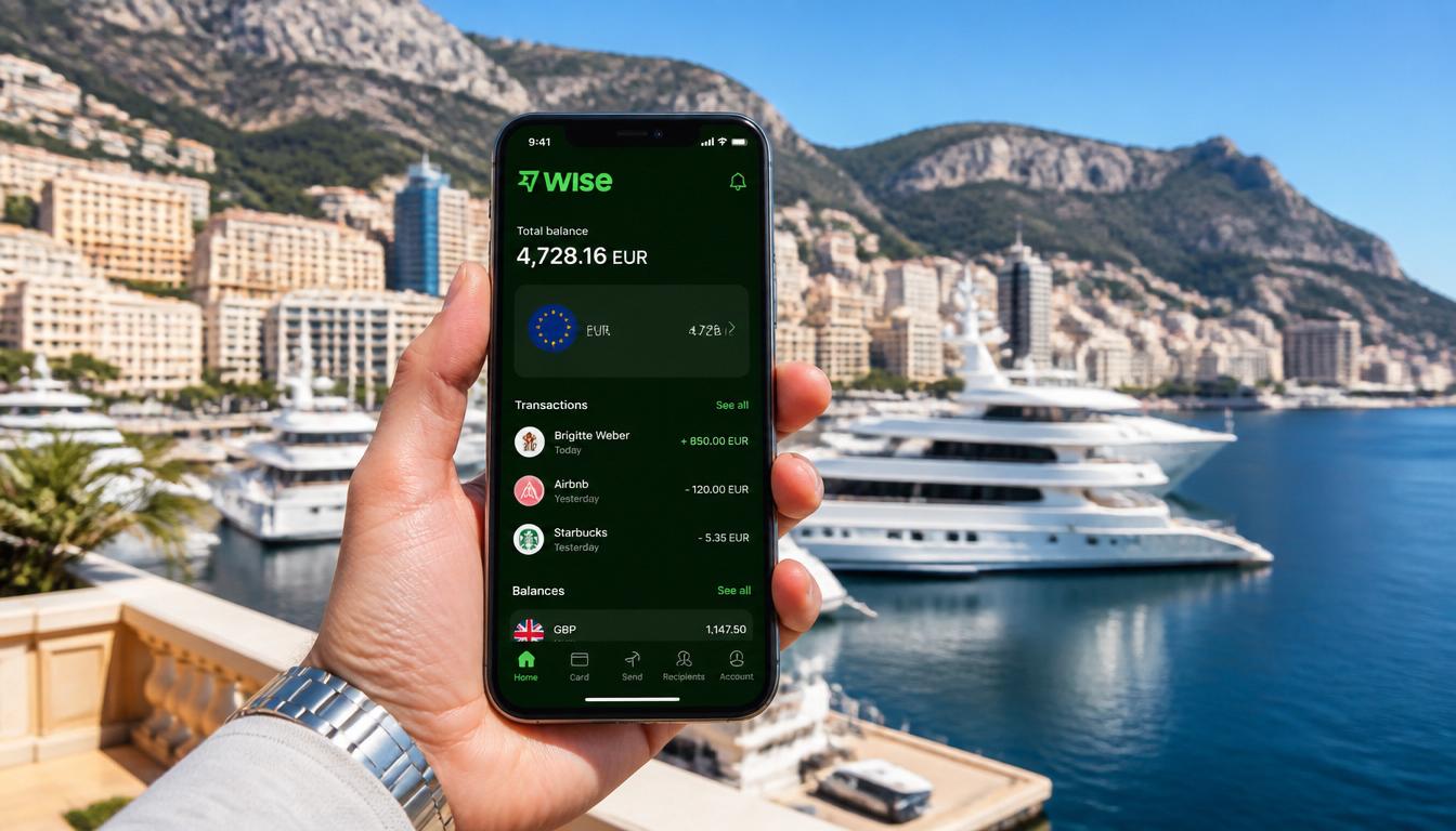 Aplicativo Wise com saldo em euros para usar em Mônaco Wise em Mônaco: aplicativo no celular mostrando saldo em euros para viagem ao principado em 2026