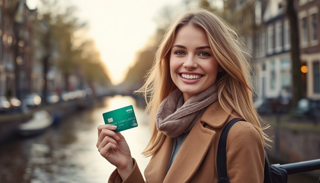 Cartão Wise Funciona na Holanda? Veja Como Usar Euro em 2026 Mulher sorridente segurando o cartão Wise verde-esmeralda em frente a um canal clássico em Amsterdã.