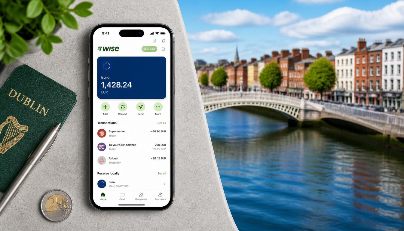 Aplicativo Wise no celular para converter real em euro antes de viajar para a Irlanda em 2026