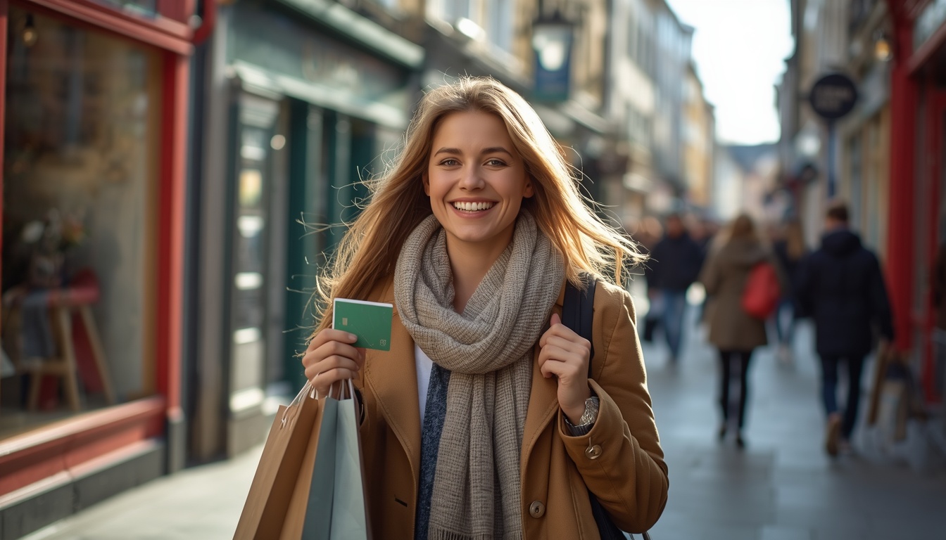 Turista brasileiro fazendo compras na Irlanda com cartão Wise em 2026 — artesanato, cristal e uísque irlandês