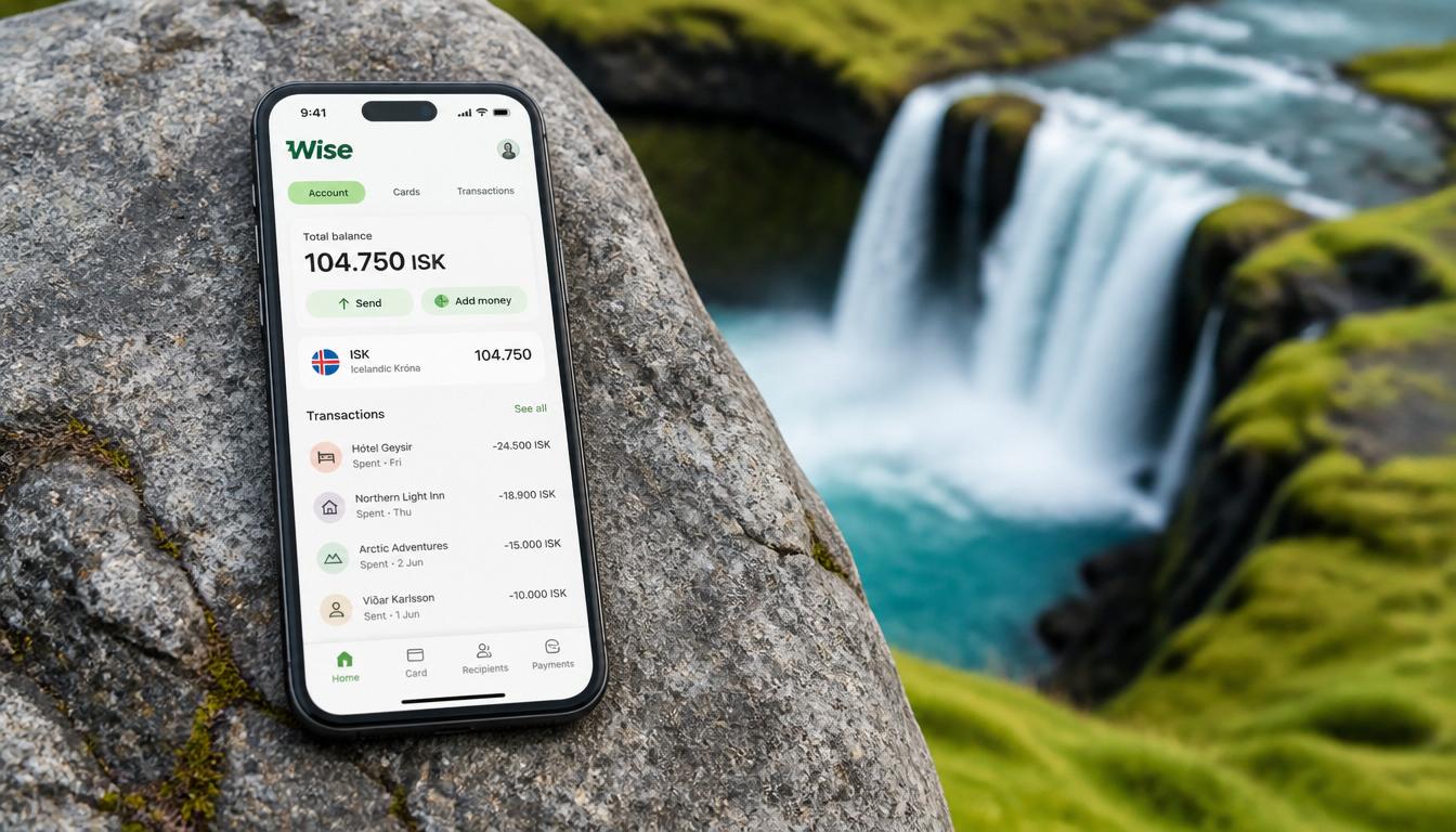 Aplicativo Wise no celular mostrando conversão de real para coroa islandesa antes de viajar para a Islândia em 2026