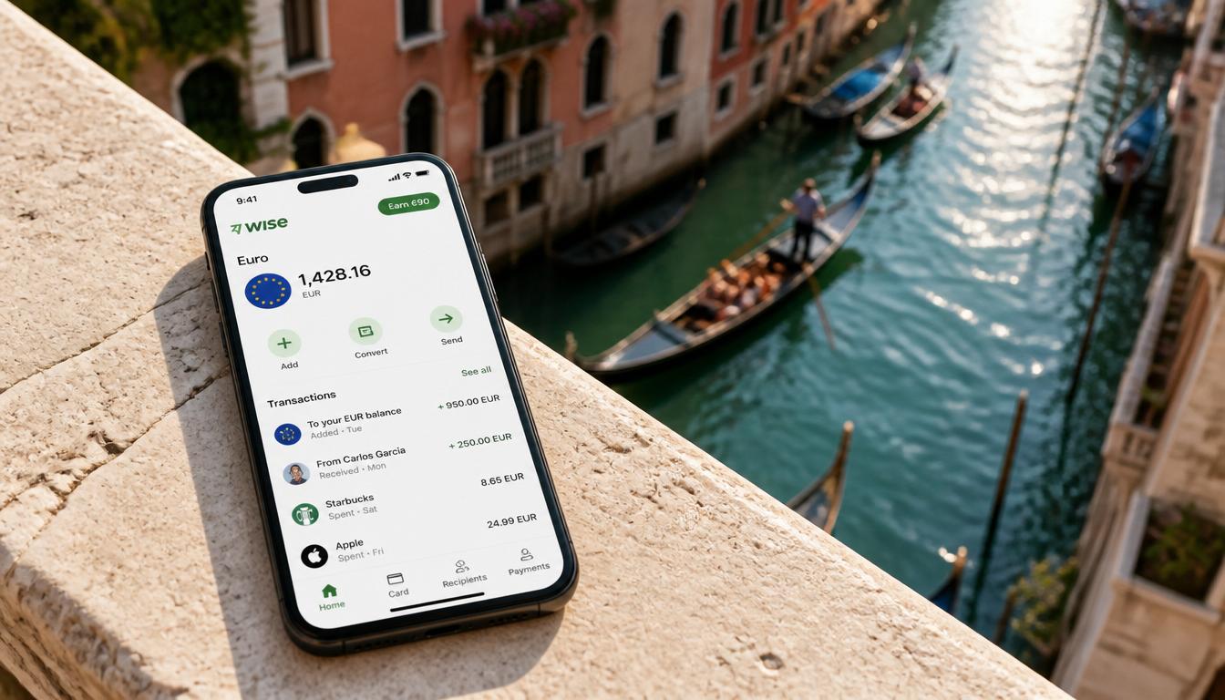 Aplicativo Wise no celular durante viagem para a Itália — gerenciamento de conta internacional