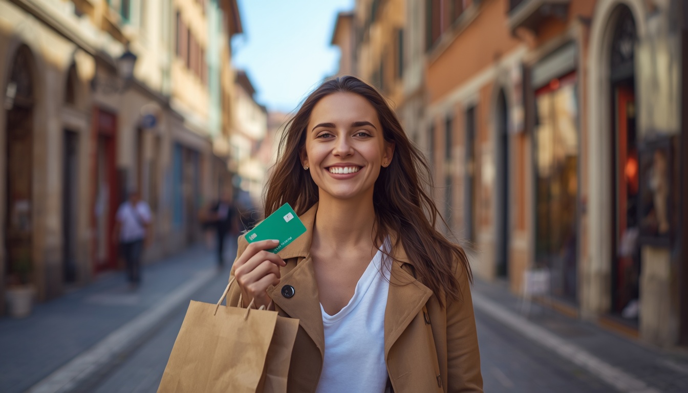 Turista fazendo compras na Itália com conta internacional Wise — economizando no câmbio em 2026
