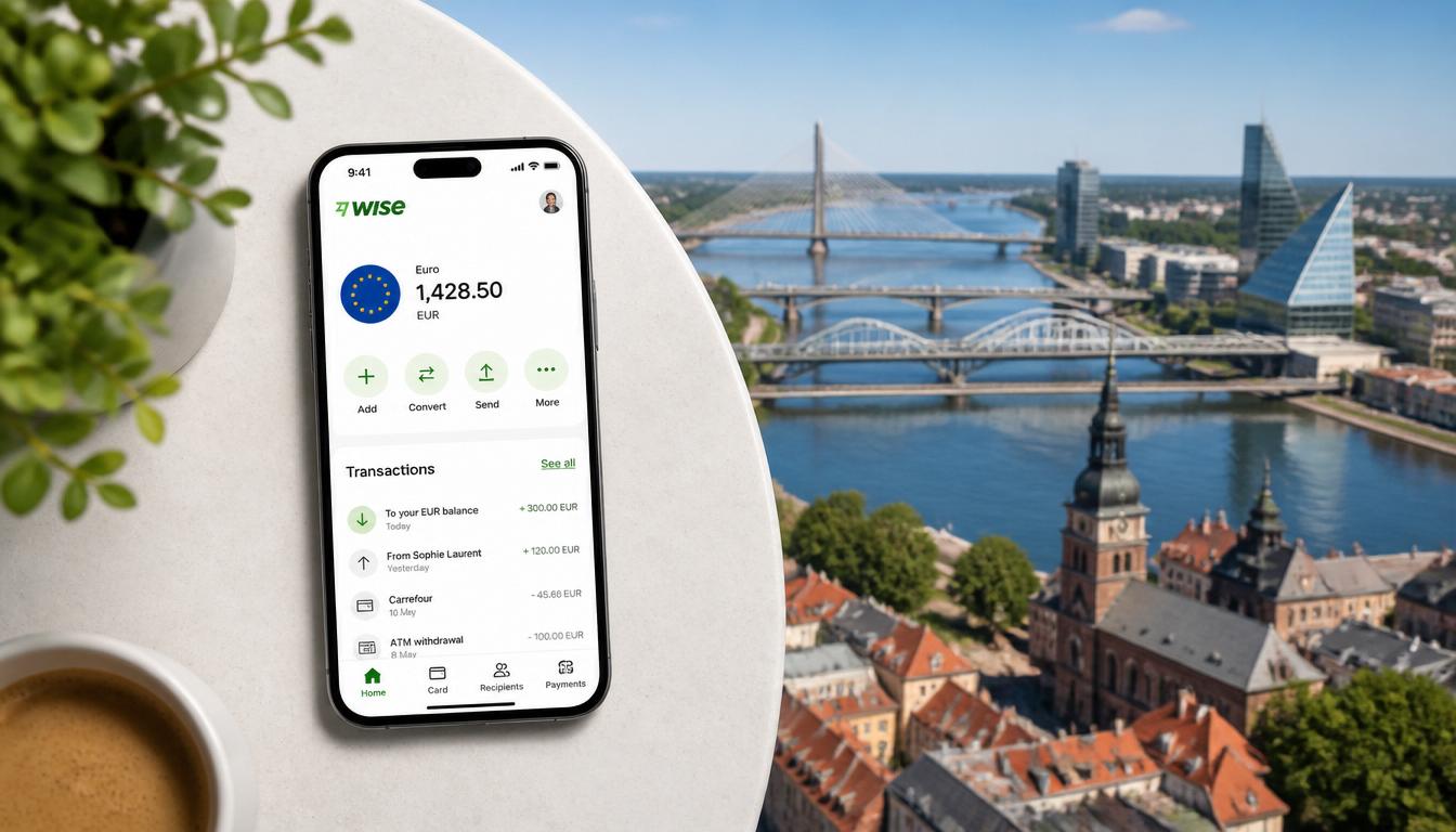 Aplicativo Wise no celular mostrando conversão de real para euro antes de viajar para a Letônia em 2026