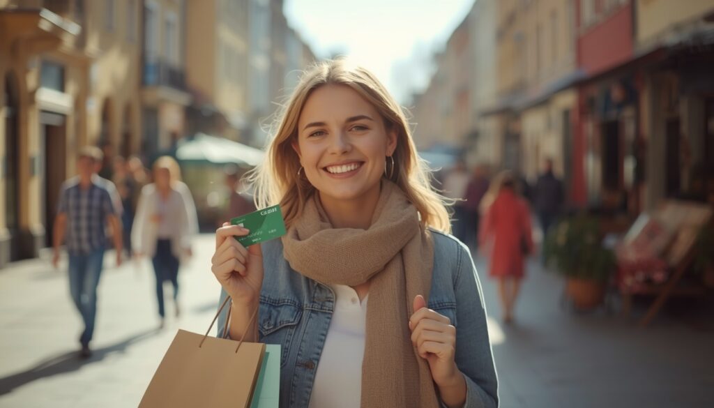Cartão Wise é Aceito na Letônia? Veja Como Usar Euro em 2026 Turista segurando uma sacola com produtos tradicionais e o cartão Wise no Mercado Central de Riga.