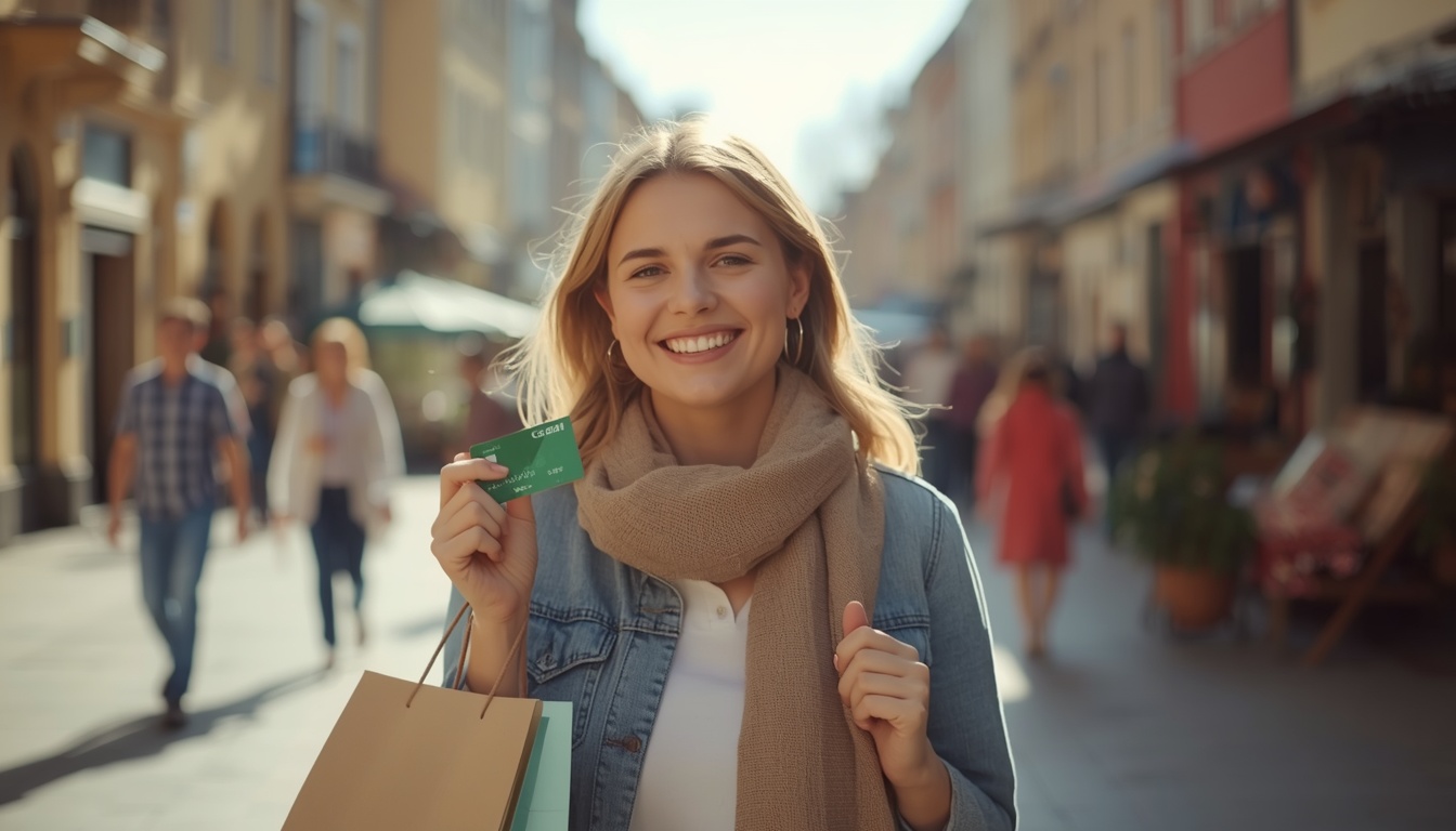 Turista brasileiro fazendo compras e passeios turísticos na Letônia em 2026 pagando com cartão Wise — artesanato e produtos locais em Riga