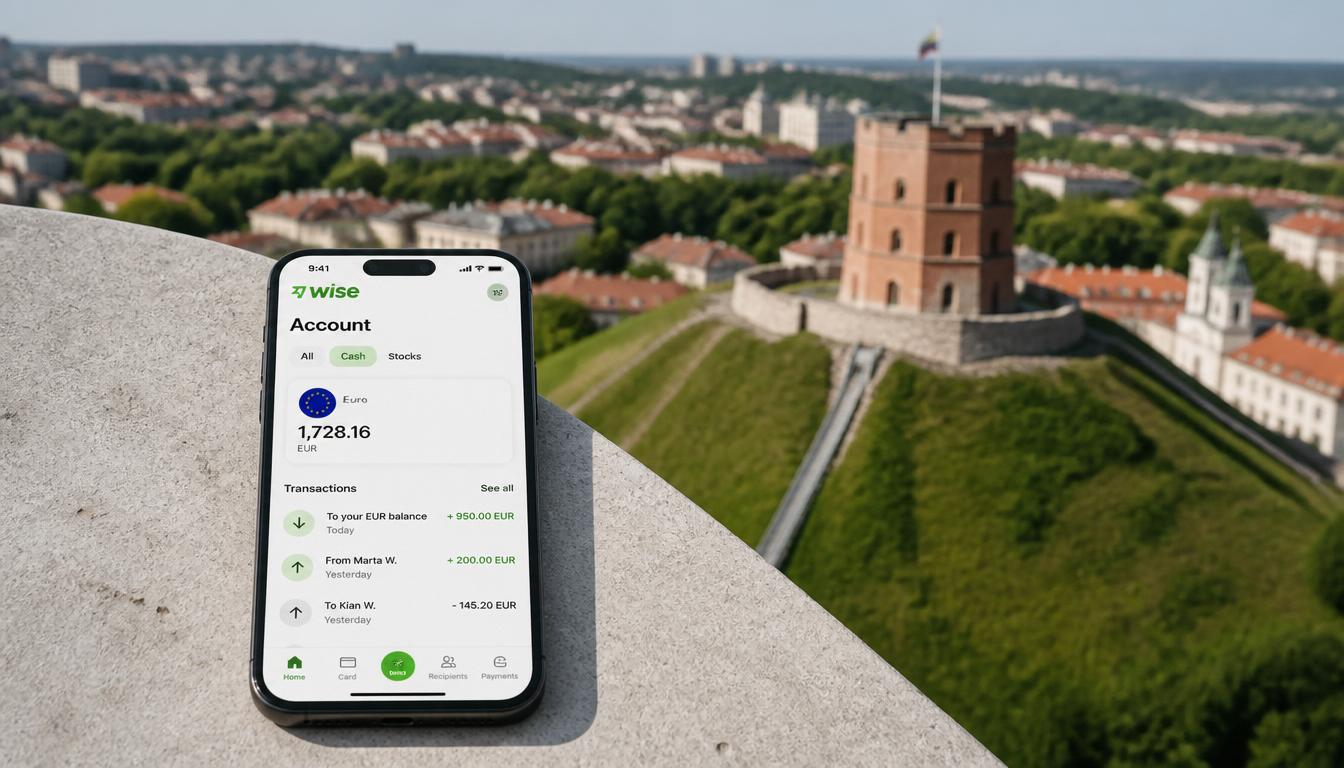 Aplicativo Wise no celular com saldo em euros na Lituânia 2026