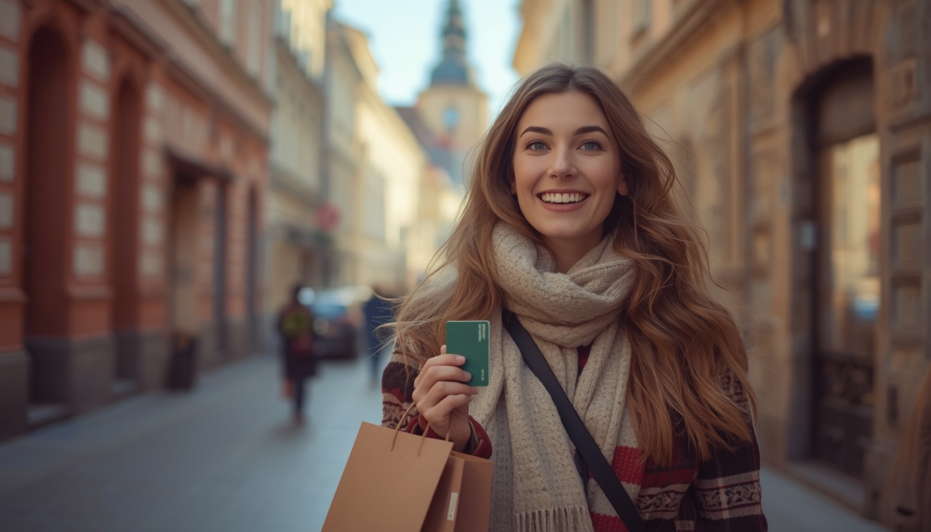 Turista fazendo compras e passeando em Vilnius na Lituânia com cartão Wise 2026