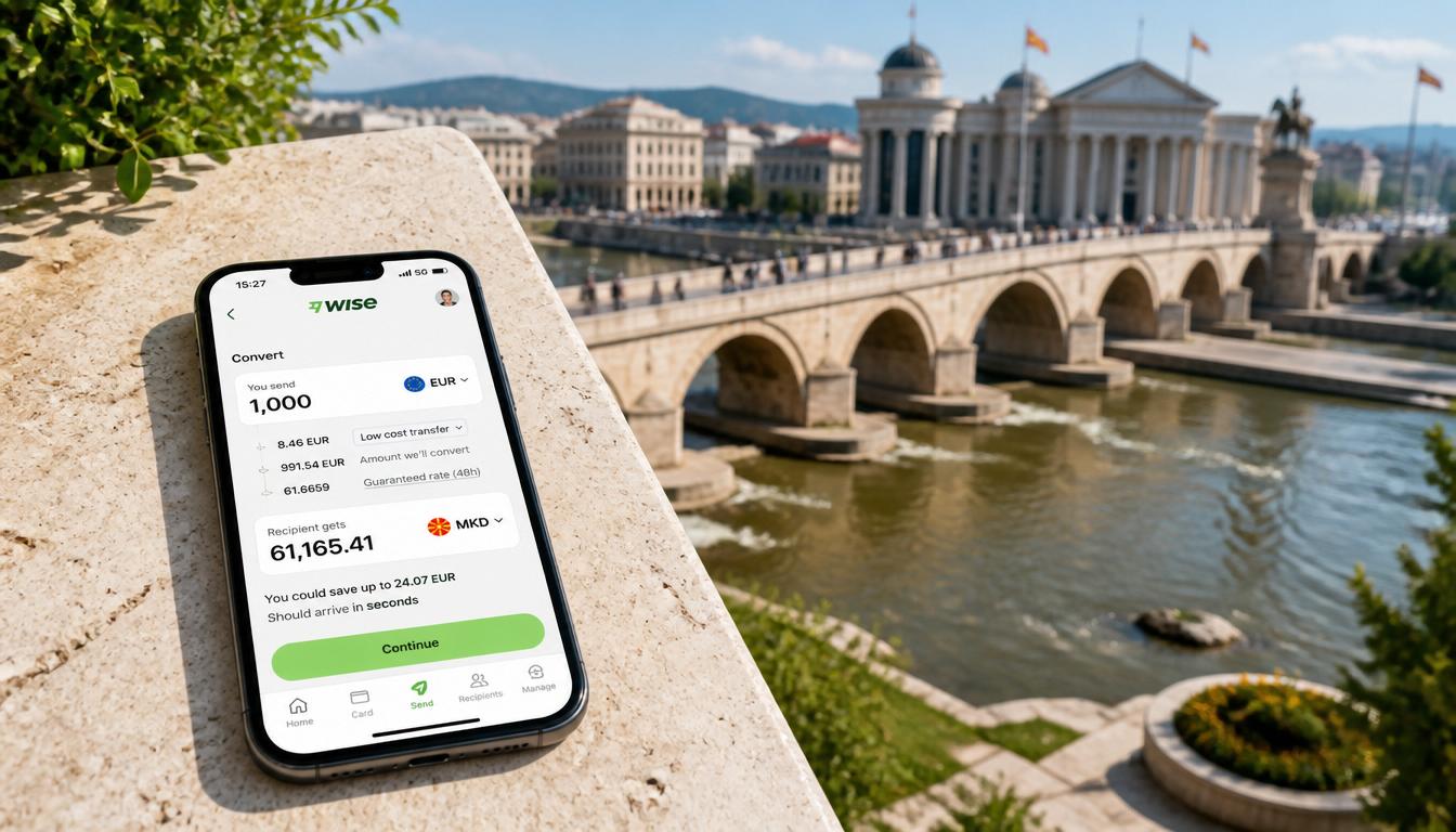 Aplicativo Wise no celular com saldo em euros para usar na Macedónia do Norte em 2026