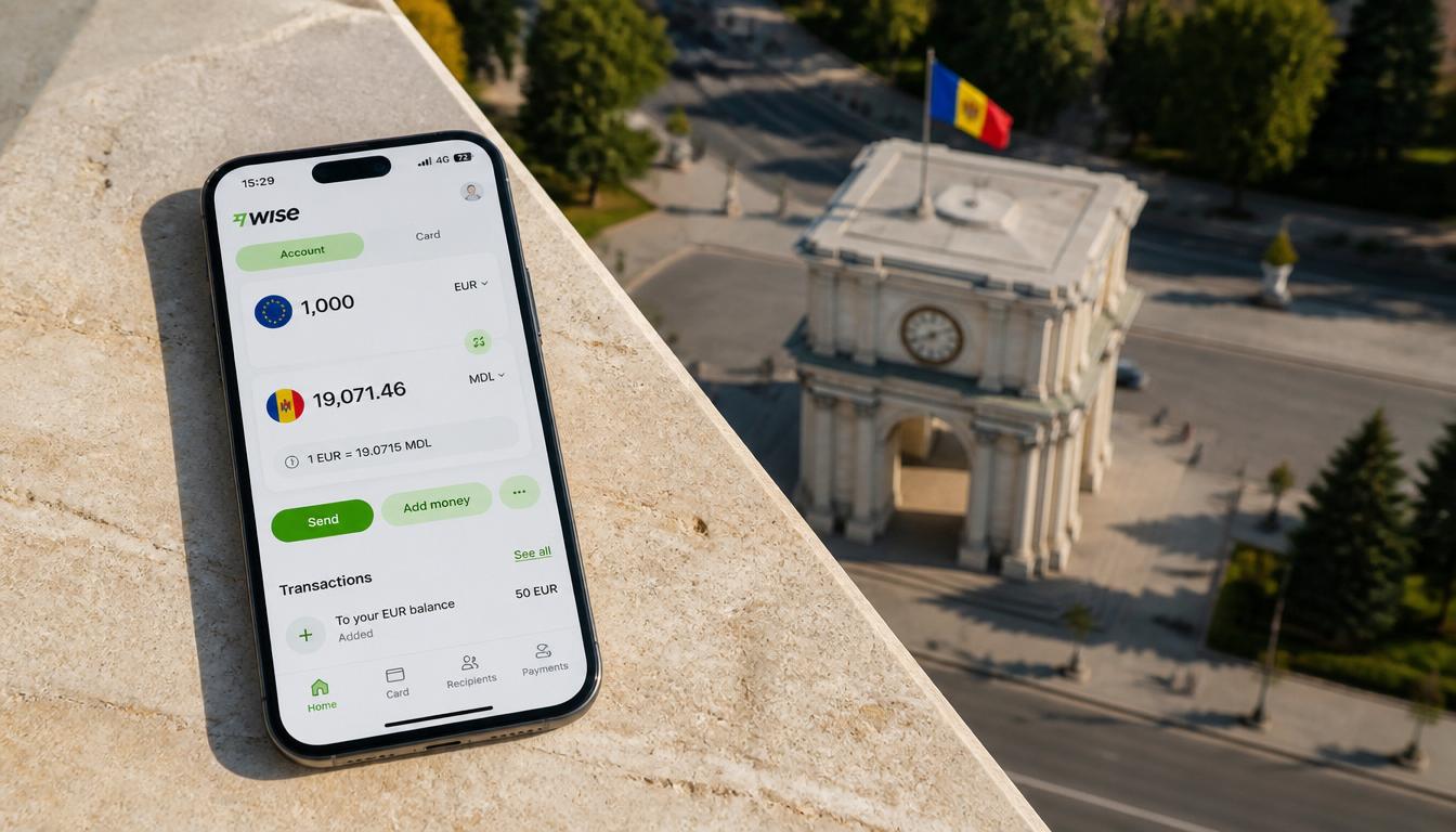 Aplicativo Wise com saldo para usar na Moldávia Wise na Moldávia: aplicativo no celular mostrando saldo para viagem à Moldávia em 2026
