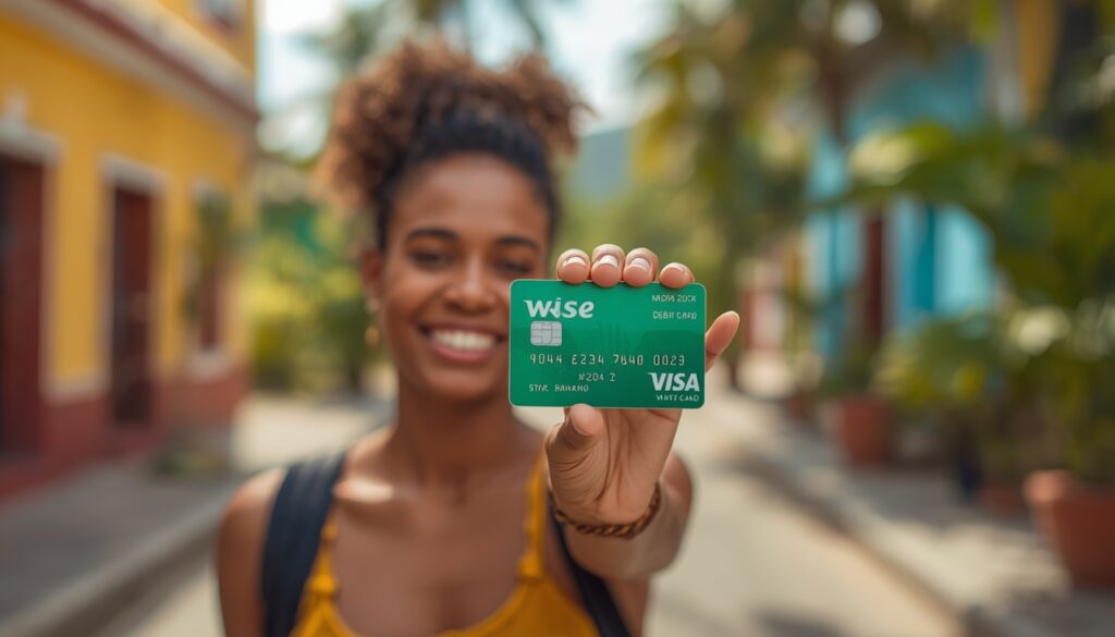 Mulher sorridente segurando o cartão Wise verde-esmeralda em frente a um cenário tropical vibrante no Haiti.
