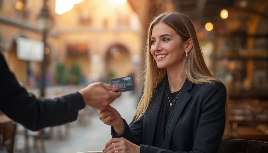 Cartão Wise Funciona no Peru? Veja Como Usar em 2026 Jovem viajante utilizando o cartão Wise para pagar em uma cafeteria com estilo colonial no centro histórico de Cusco, Peru.