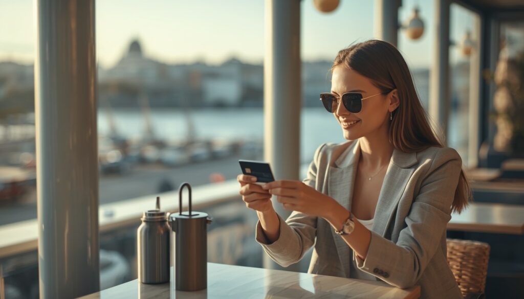 Cartão Wise Funciona no Uruguai? Veja Como Usar em 2026 Jovem viajante utilizando o cartão Wise para pagar em um café sofisticado no bairro de Pocitos, Montevideu, Uruguai.