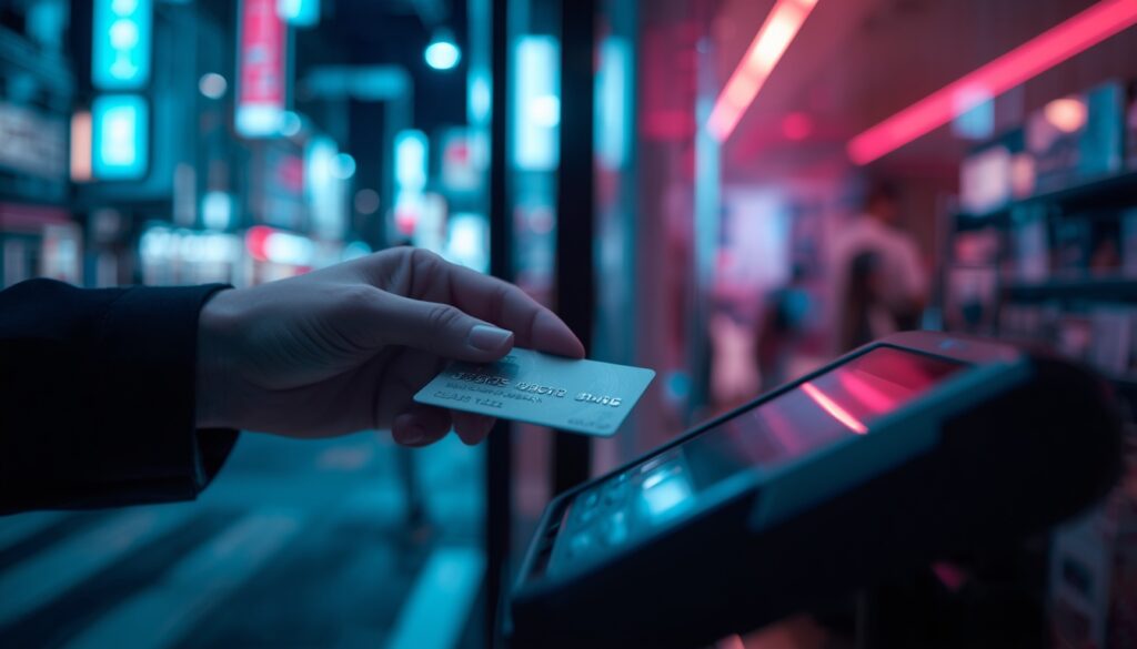 Nomad Funciona na Ásia em 2026? Taxas, Países Aceitos e Dicas Turista utilizando o cartão Nomad para pagamento em uma loja moderna em Tóquio, com letreiros neon ao fundo.