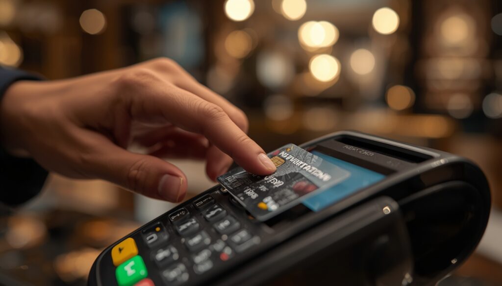 Cartão Nomad na Índia: Funciona? Taxas, Saques e Dicas em 2026 Turista utilizando cartão Nomad para pagamento em uma boutique de luxo em Nova Delhi.