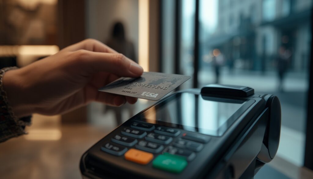 Cartão Nomad na China: Funciona? Como Usar no Alipay e WeChat Pagamento com cartão Nomad em terminal em Xangai com arquitetura urbana ao fundo.