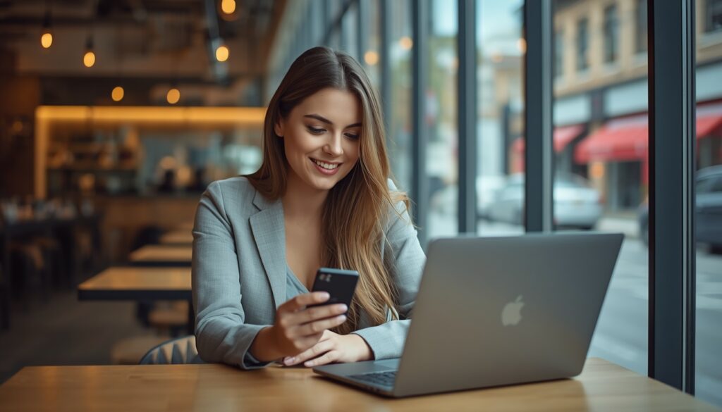 Um profissional utilizando um cartão internacional Nomad em um smartphone e notebook em um café moderno no Canadá.