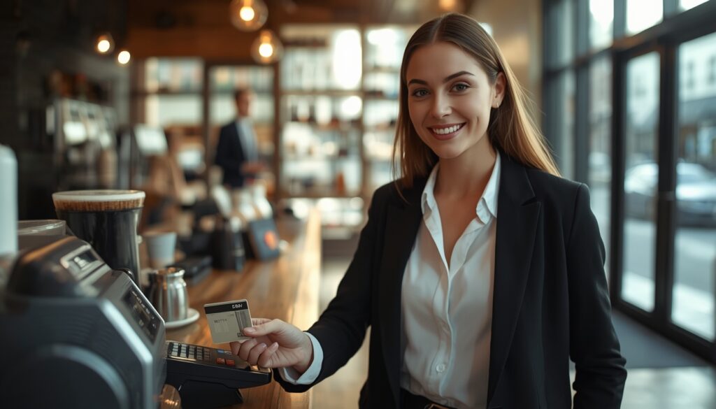 Um profissional utilizando um cartão de débito internacional moderno para fazer uma compra em um café sofisticado nos Estados Unidos.