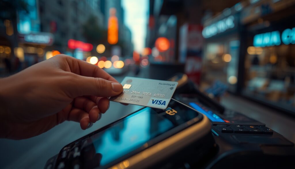 Cartão Nomad na Tailândia: Funciona? Taxas, Saques e Dicas (2026) Pagamento com cartão Nomad em uma loja de conveniência moderna em Bangkok com luzes noturnas ao fundo.