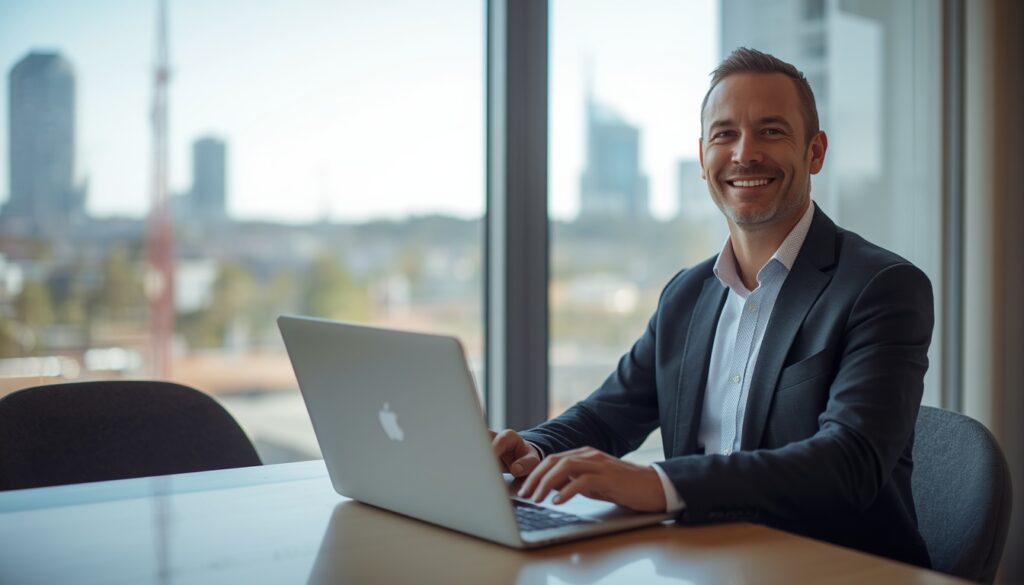 Profissional sorrindo em um escritório moderno em Montevidéu com laptop aberto e vista para a cidade.