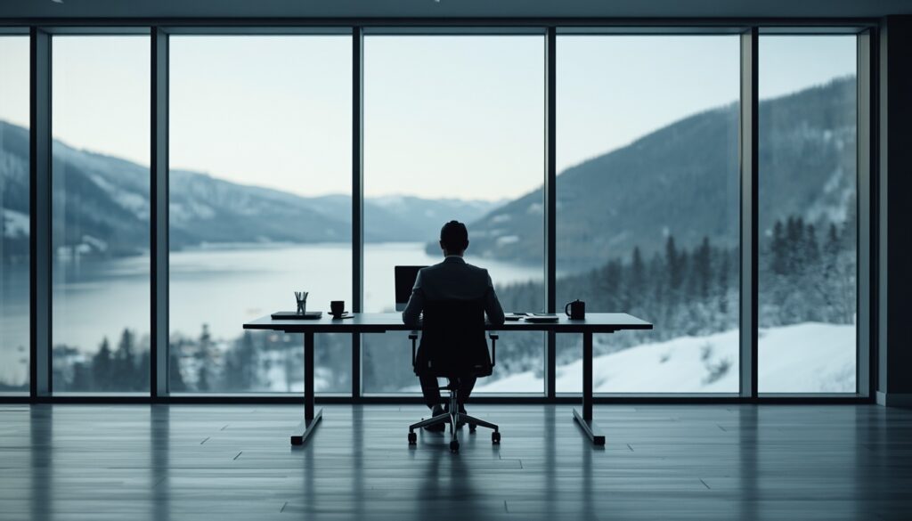 Como Conseguir Emprego na Noruega em 2026: Guia de Vagas e Visto Profissional em um escritório moderno em Oslo, com vista para a paisagem nórdica, segurando um tablet.