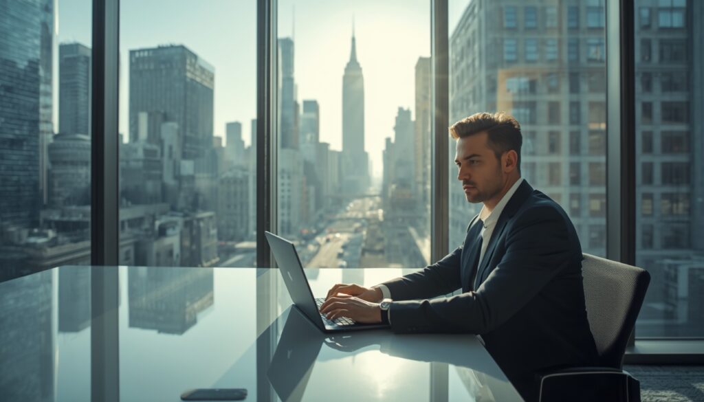 Um profissional trabalhando em um escritório moderno com vista para a arquitetura corporativa e o skyline de uma grande cidade americana.