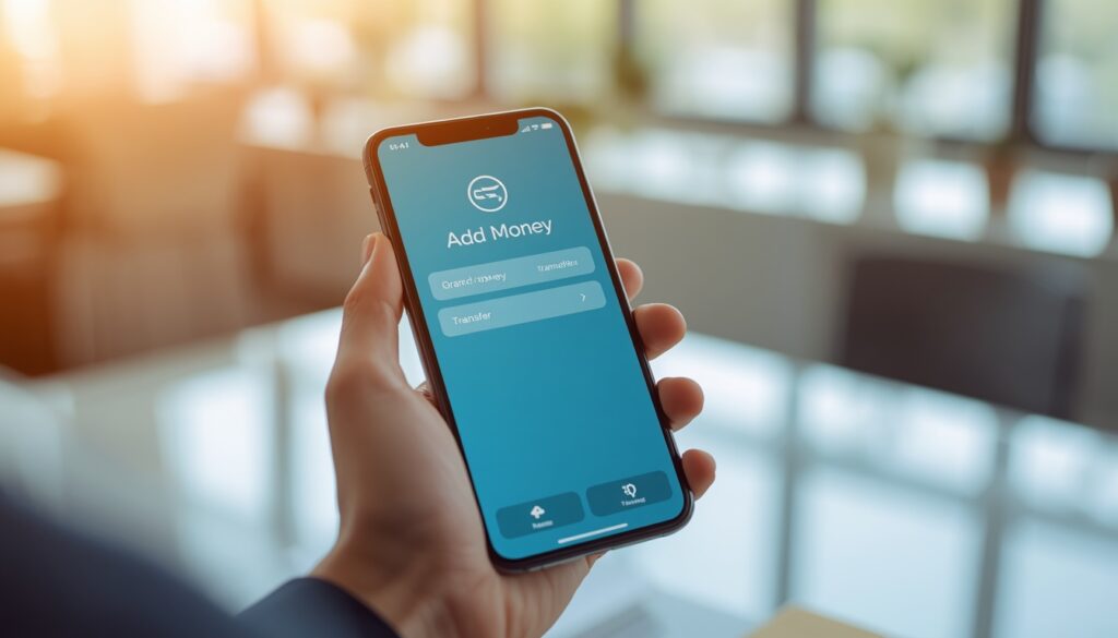 Como Depositar Dinheiro na Nomad em 2026: Passo a Passo e Taxas Smartphone exibindo a tela de transferência bancária dentro do aplicativo Nomad com fundo desfocado de escritório.