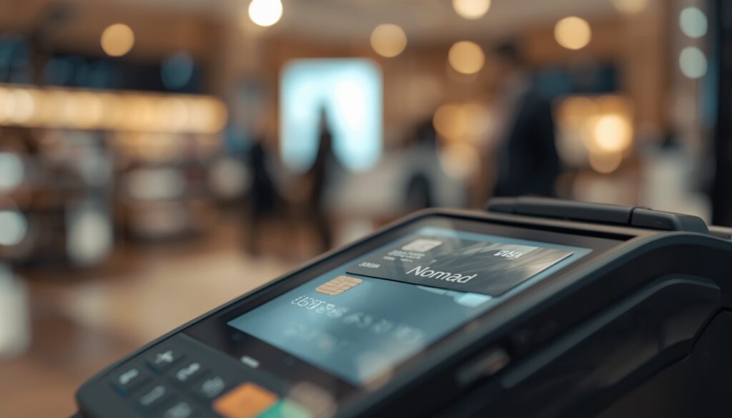 Como Funciona o Cartão Nomad em 2026: Taxas, Limites e Como Usar Close-up de cartão de débito Nomad sendo aproximado para pagamento por aproximação em terminal moderno.
