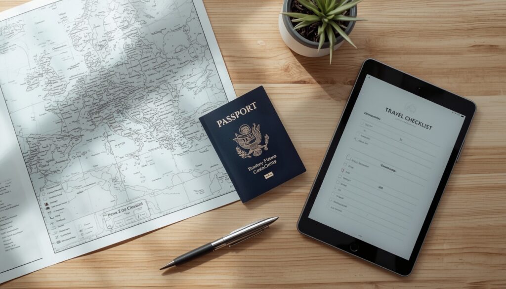 Viajante organizando passaporte e documentos de viagem com um mapa da Europa ao fundo.