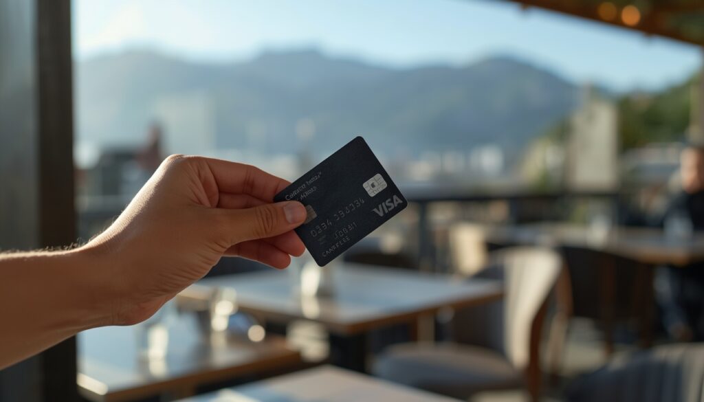 Conta Nomad no Chile em 2026: Vale a Pena? Taxas e Como Usar Cartão Nomad sendo utilizado em um restaurante moderno em Santiago do Chile, com a Cordilheira dos Andes ao fundo.